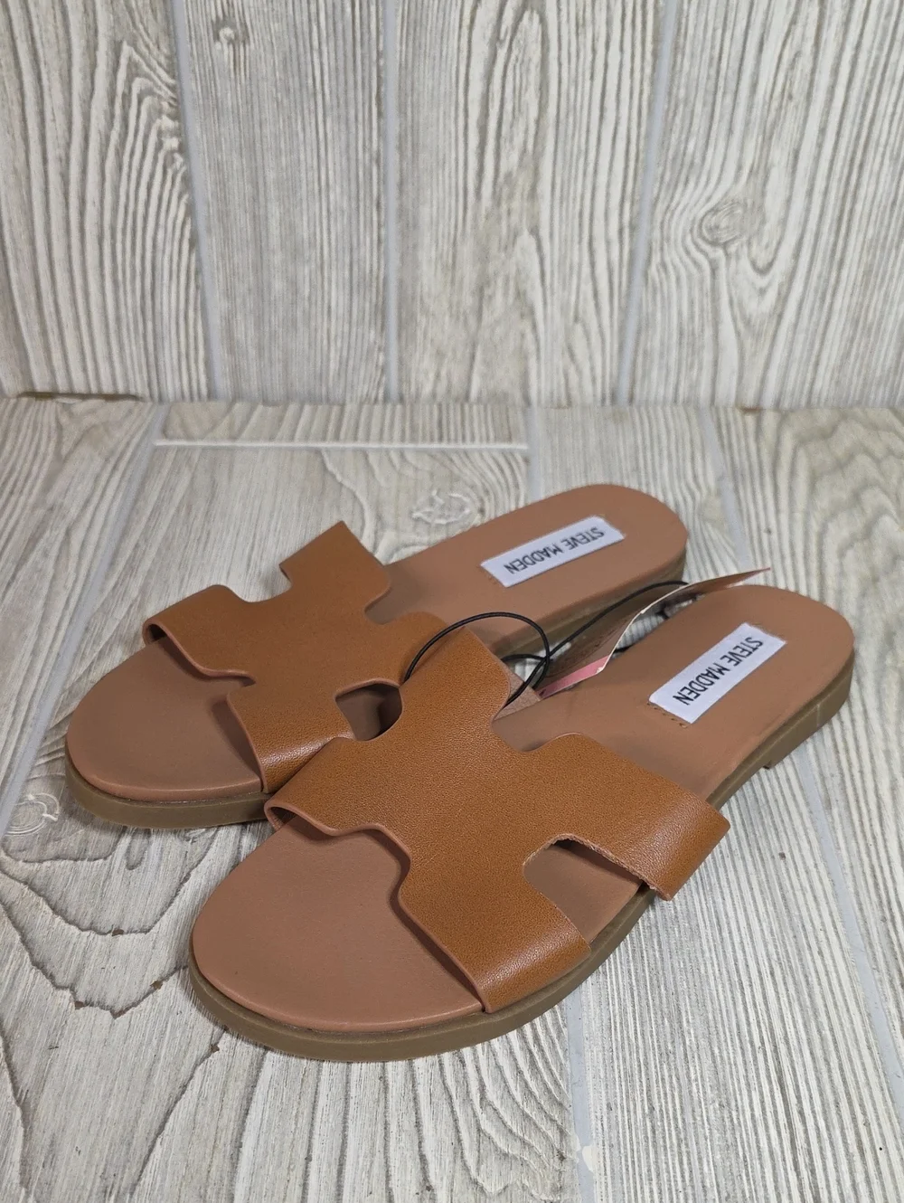 Steve Madden Roceen Leather Slide Sandals Tan Womens Size 6 NEW